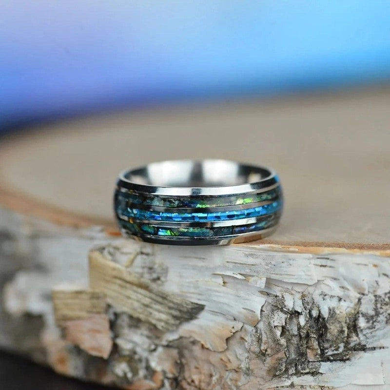 Silver Triple Band Full-Circle Created Opal inlayed Ring